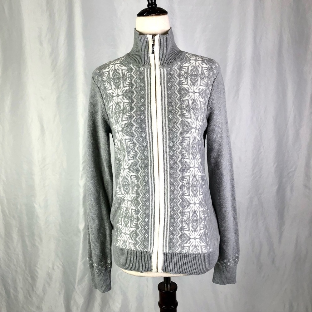 Izod zip front cardigan sweater snowflake fair isle grey white S